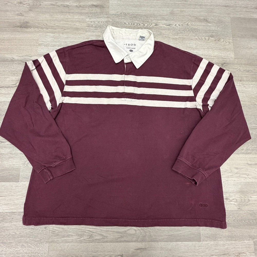IZOD Rugby Shirt Mens XL Burgundy Striped Long Sleeve Preppy Varsity Cotton